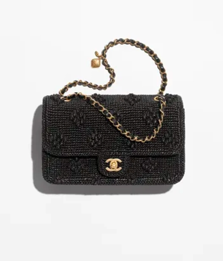 Flap bag, Vlechtwerk met raffia-effect & goudkleurig metaal, zwart — Mode | CHANEL