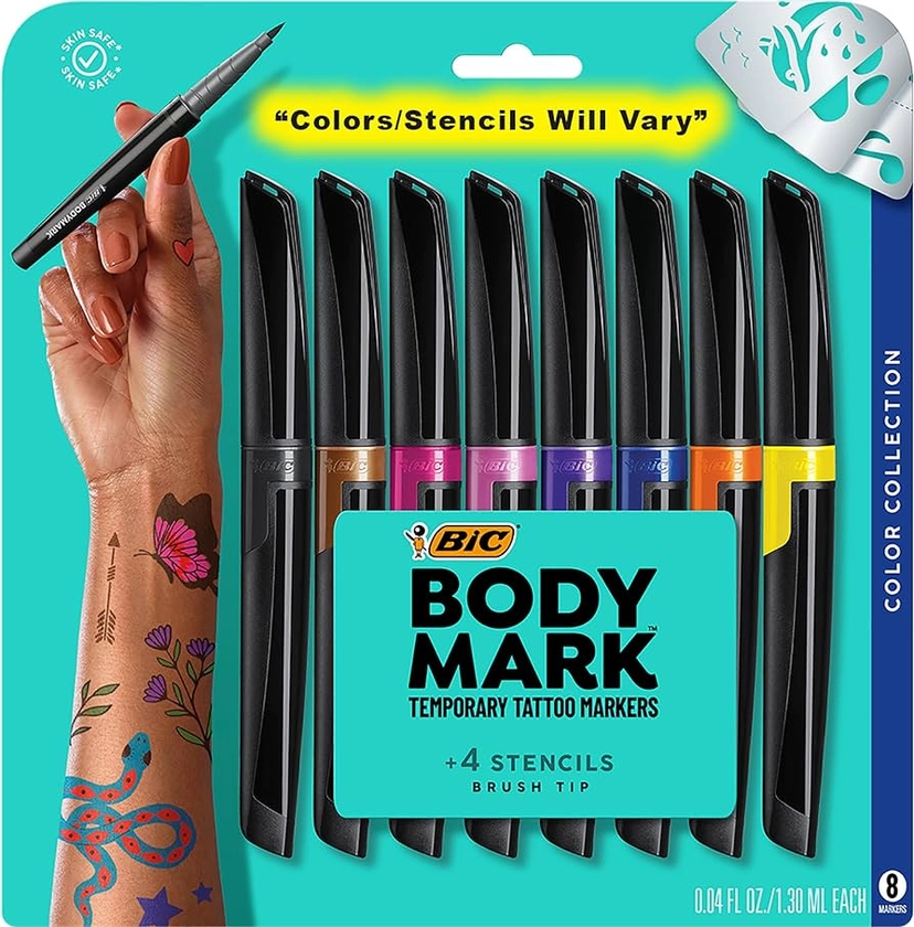 Amazon.com: BIC BodyMark Temporary Tattoo Markers for Skin, Color Collection, Flexible Brush Tip, Assorted Colors, Skin-Safe, Cosmetic Quality 8-Count Pack : Everything Else
