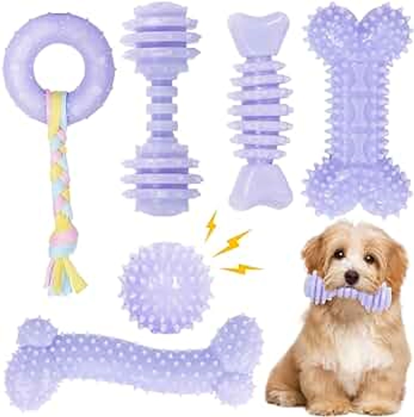 6 Pack Dog Chew Toys, Purple, Small Dog Teething Toys, Soft Durable Interactive Toys for Puppies