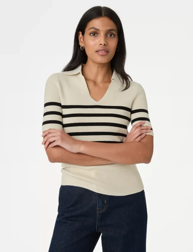 Cotton Rich Ribbed Striped Knitted Top | M&S Collection | M&S