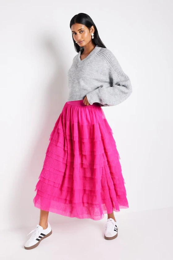 Bright Pink Mesh Tulle Midi Skirt