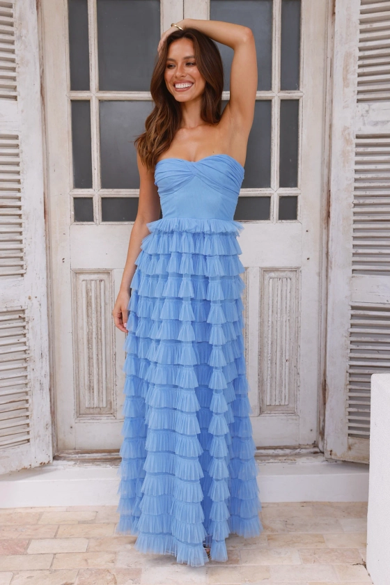 Lovers In Paris Strapless Tulle Maxi Dress Blue