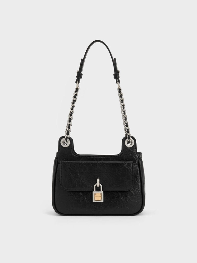 Sac porté épaule à cadenas et effet froissé Suki    
         - Noir