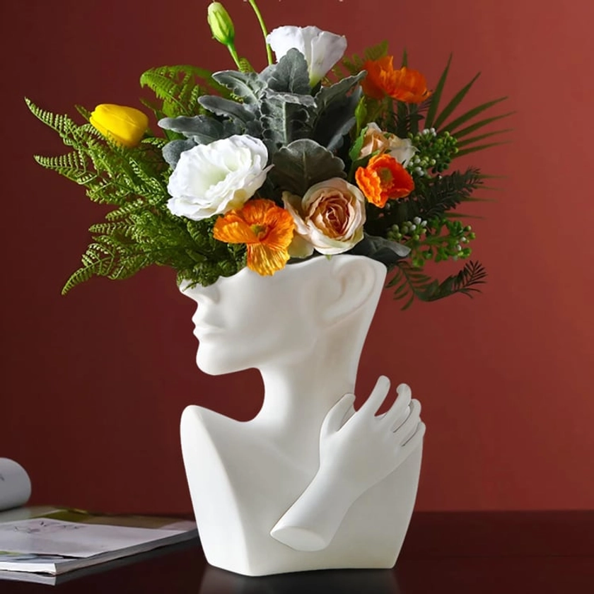 Statue en résine de 240 mm, vase à fleurs, pots de tête en forme de buste, décoration de table, art de décoration de maison en blanc | Homary FR