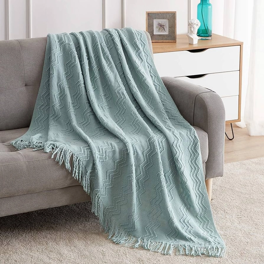 Amazon.com: BOURINA Throw Blanket Textured Solid Soft Sofa Throw Couch Cover Knitted Decorative Blanket, 50"x60" Aqua : Home & Kitchen