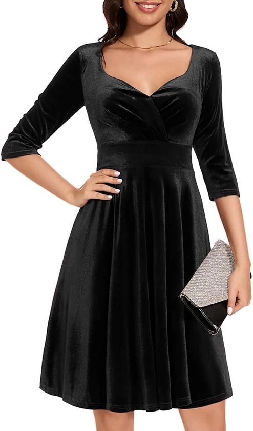 Women Long Sleeve Velvet Dress A Line Swing Vintage Formal Wedding Party Cocktail Prom Dress