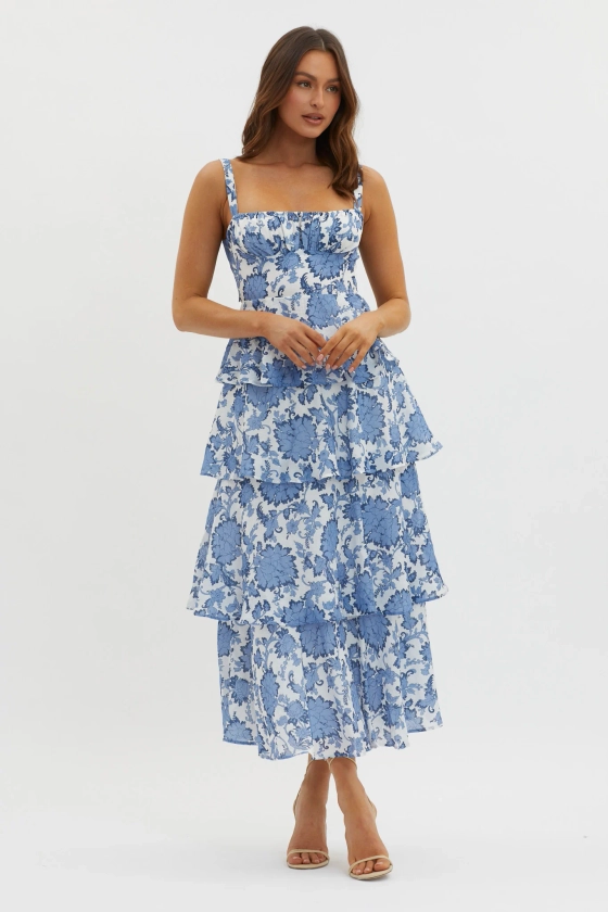 Provence Bloom Tiered Maxi Dress Floral Blue