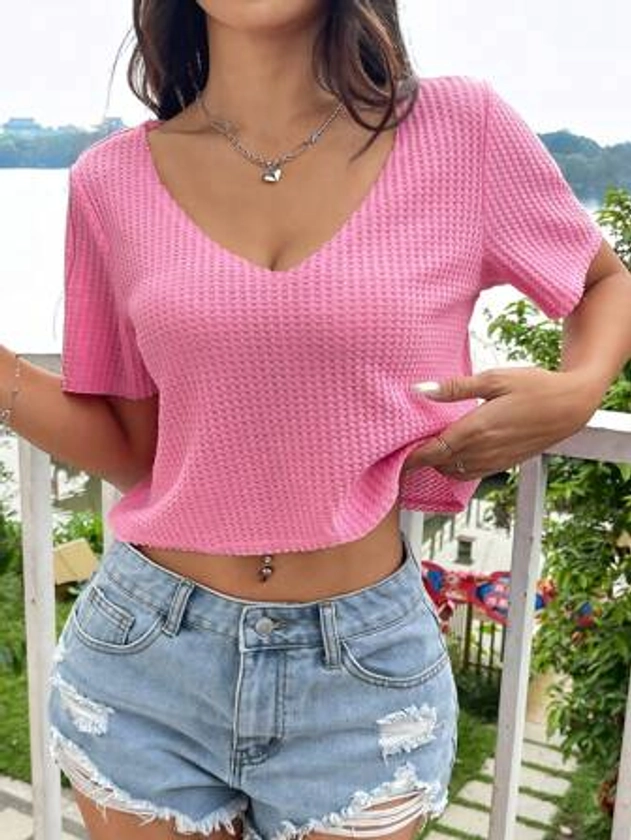 SHEIN EZwear Women Hot Pink Waffle Knit Crop Top For Summer