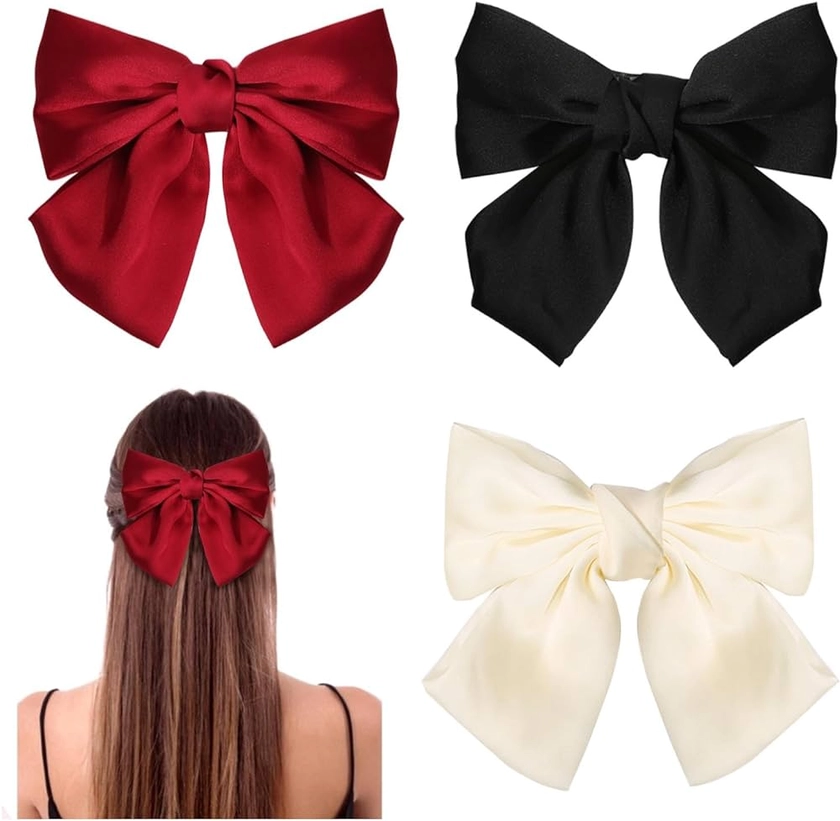 GWAWG 3PCS Pince à cheveux nœud，Femmes Bow couleur unie doux satin soyeux Bow (noir, beige et rouge)