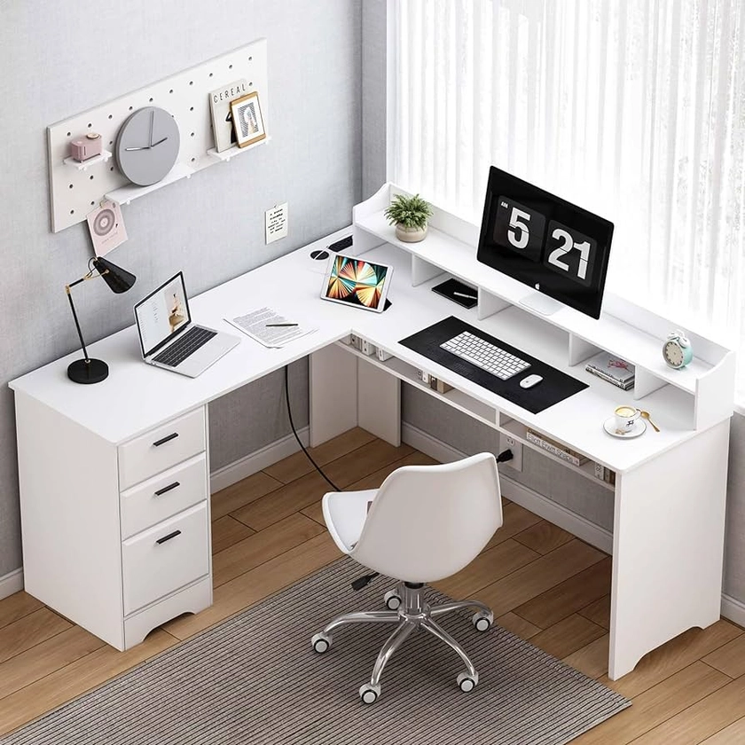 HOMBCK White Desk with Drawers Shelves, Large L Shaped Desk Corner Computer Desk with Hutch and Power Outlet, 60 Inch Executive Desk with Storage for Bedroom, Home Office, White