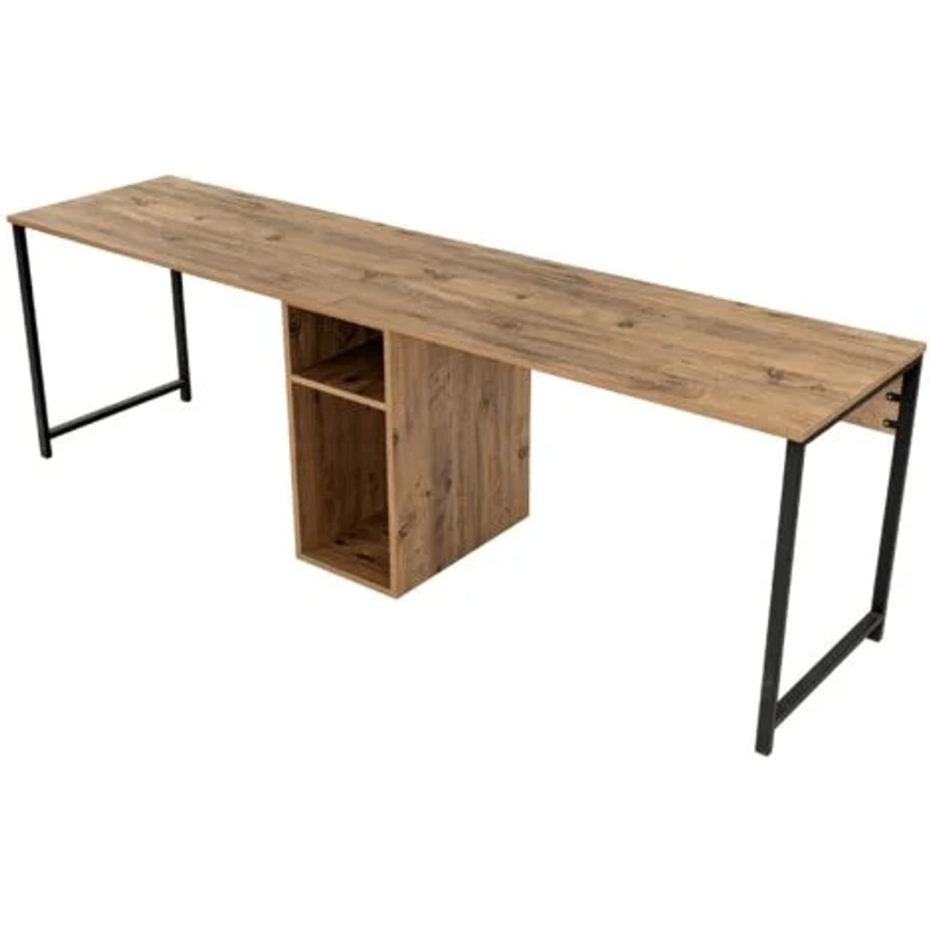 Bureau d'Étude en Pin Atlantique et Noir 240x74x60 cm - Espace de Travail Spacieux avec Étagères Multiples