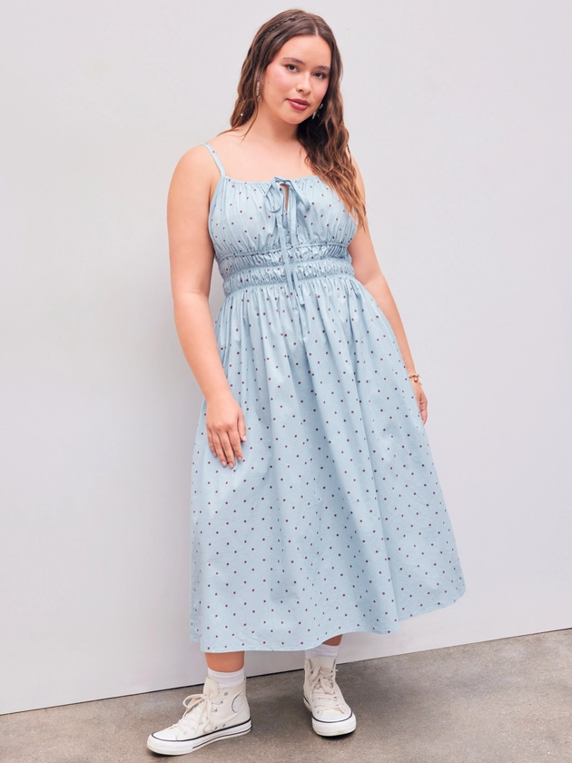 Woven Polka Dots Knotted Ruffle Midi Dress Curve & Plus