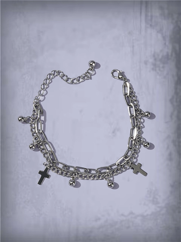 ROMWE Goth Cross Charm Layered Bracelet