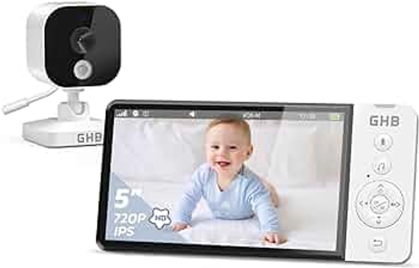GHB Baby Monitor with Camera and Night Vision 5'' 720P HD 5000mAh Video Baby Monitor Camera IPS Screen, VOX Mode, 2-Way Audio, Temperature Alert, 8 Lullabies