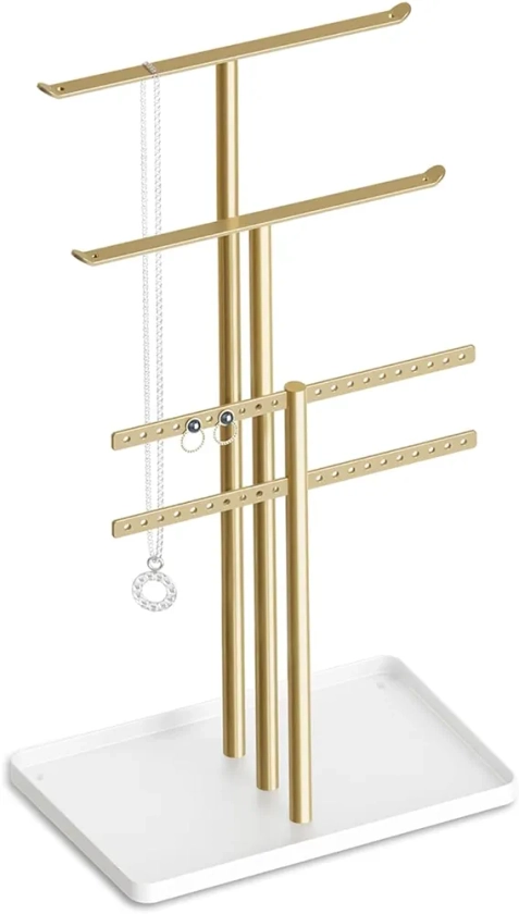 pickpiff Jewelry Stand Organizer, 14.5" Tall Sturdy Metal, 3-Tier Jewelry Holder for Necklace, Earring, Bracelet, Gold and White