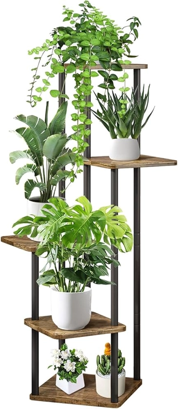 VASZOLA 5 Niveaux Support de Plante en Métal Bois, Multiple Étagère à Fleurs Support de Pots Fleurs Porte Interieur, Décoratif Présentoir pour Salon Balcon(Noir)