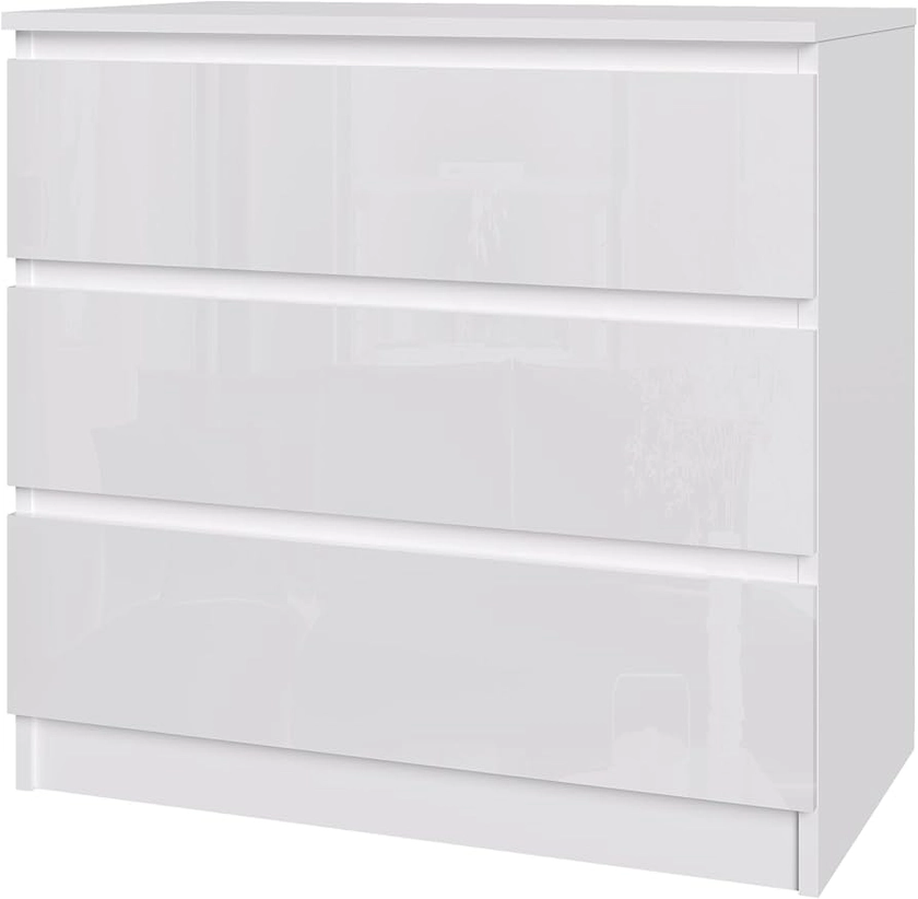 Panana 3/4/5/6 Drawer Dresser with High-Gloss Drawer Fronts and Matte Finish Sides, Wooden Chest of Drawers Bedside Table Storage Organizer Unit Nightstand for Home Office (White, 3 Drawer)