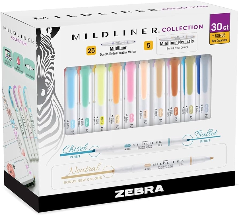 Amazon.com : Zebra Pen Mildliner Highlighters, Double Ended Highlighter, Broad And Fine Tips, Pastel and Neutral Colors Midliner Pens, 30 Pack : Office Products