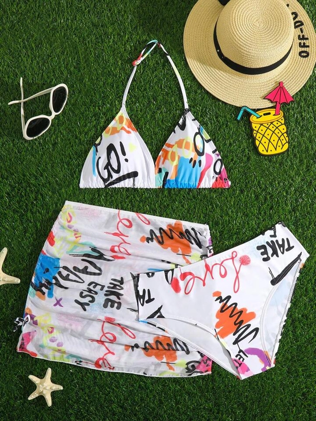 Teen Girls Letter Graphic Bikini Swimsuit With Beach Skirt