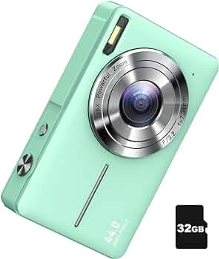 FHD 1080P Digital Cameras for Kids Boys Girls Compact Digital Point and Shoot Camera with 16X Zoom 32GB Card Small Kids Camera, Green