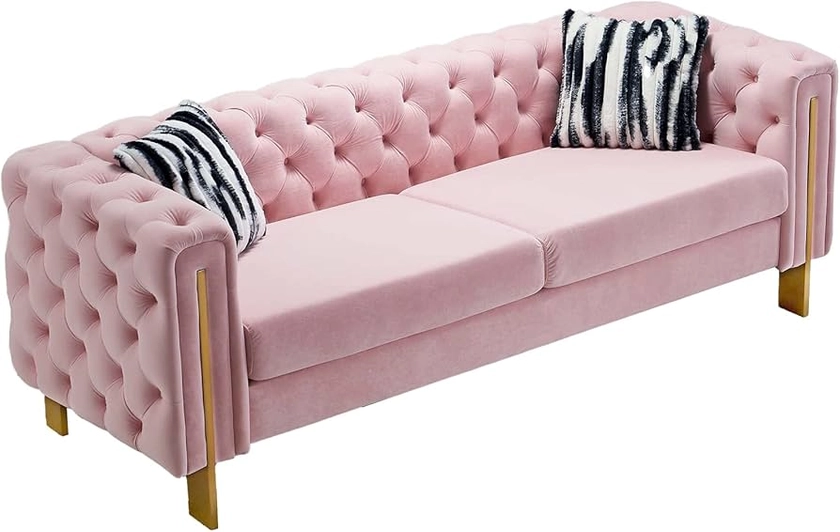 Dolonm Modern Velvet Sofa for Living Room, 84 Inches Long Tufted Couch Upholstered Sofa with 2 Pillows High Arm and Metal Legs Decor Furniture for Bedroom, Office (Pink)