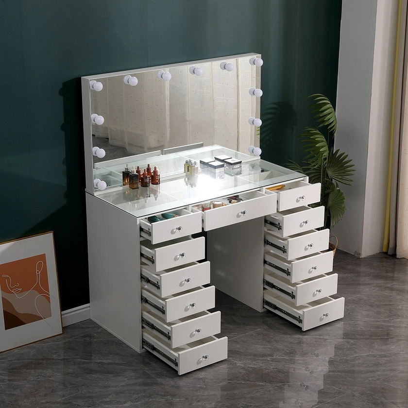 Best Seller Vanity Table Limited Edition Glass Top &amp; Hollywood Full Mirror 120cm -6961123