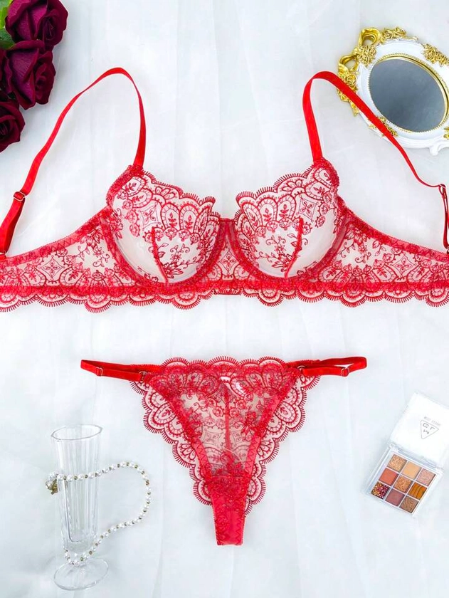 Conjunto de Lingerie Sexy com Renda Bordada para Mulheres