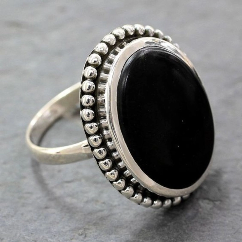 Boho Dark Black Ring Exaggerated Round Agate Stone Anniversary Birthday Gift For Female Luxurious Jewelry For Evening Party