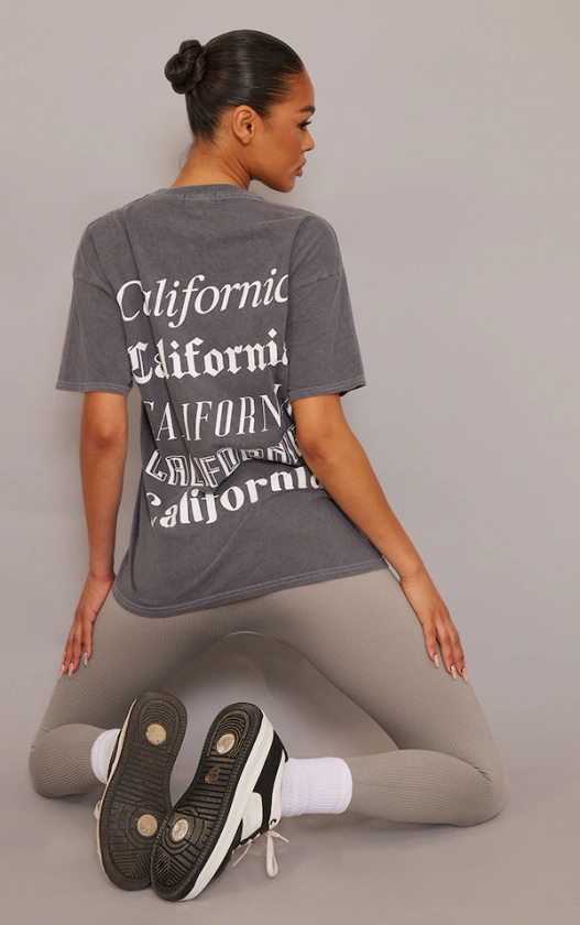 Charcoal California Back Print Oversized Washed T Shirt