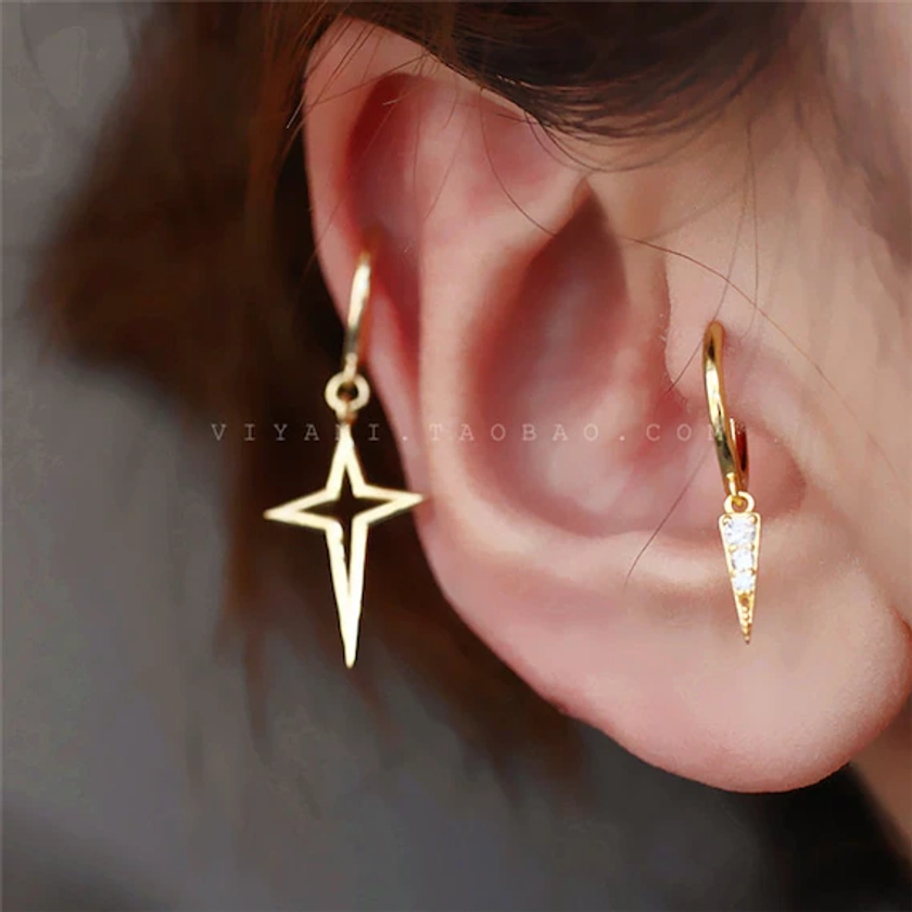 star dangle hoop earrings, dangling star huggies, 925 sterling silver, dainty celestial jewelry, fashion earrings, minimalist earrings,
