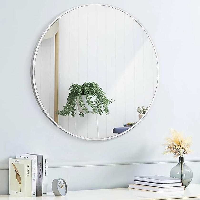 SCWF-GZ 20" Round Mirror Circle Wall Mounted Hanging or Against Wall Metal Frame Dressing Make-up Mirrors for Entryway Bedroom Bathroom Living Room 20 inch Silver