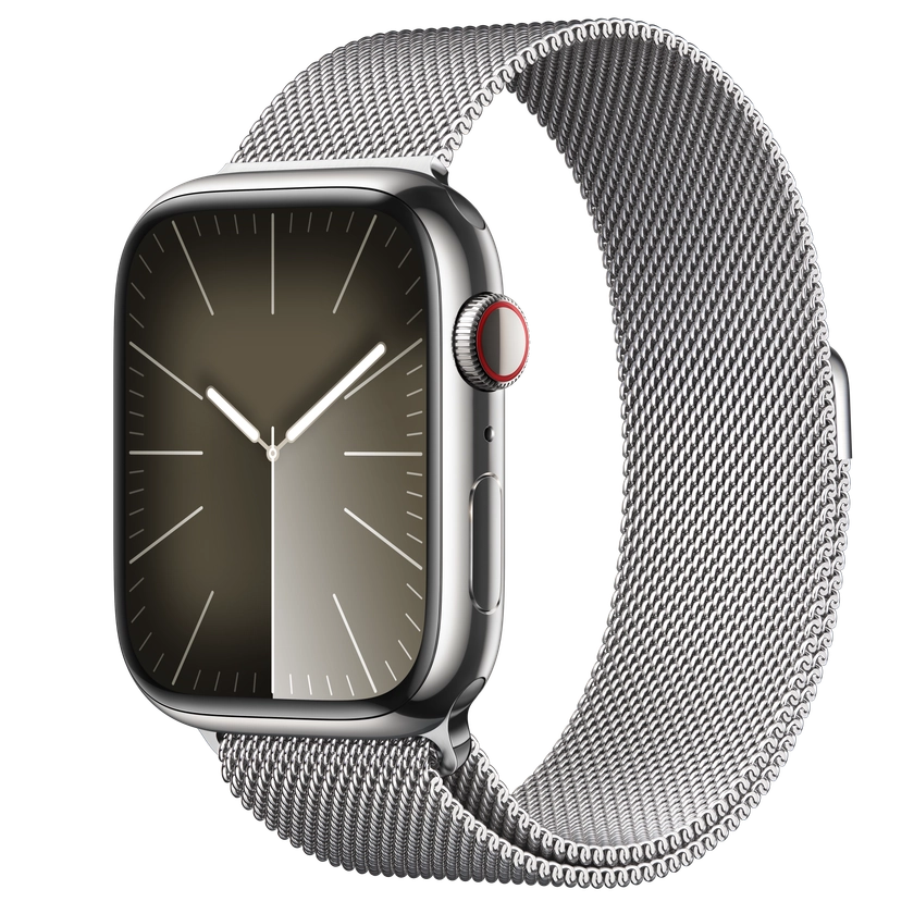 Apple Watch Series 9 GPS + Cellular, Boîtier en acier inoxydable argent de 45 mm, Bracelet Milanais argent