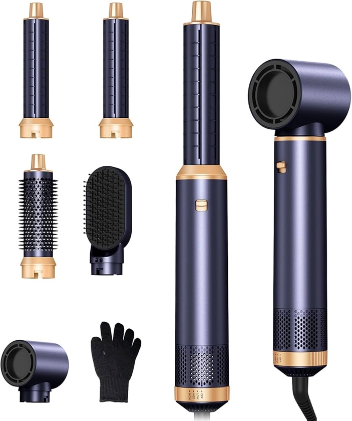 Seche Cheveux 5 en 1,1000w Air Styler, Brosse Soufflante, 30mm Air Curl outil de Sèche - Cheveux, Amovible pour le Lissage des Boucles Sèches 3 Vitesse du Vent et de la Température (Bleu)