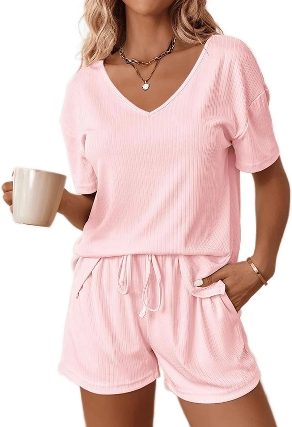 Ekouaer Womens Ribbed Knit Lounge Set Short Sleeve Top and Shorts Sleepwear Pajama Set Two Piece Shorts Outfits Set