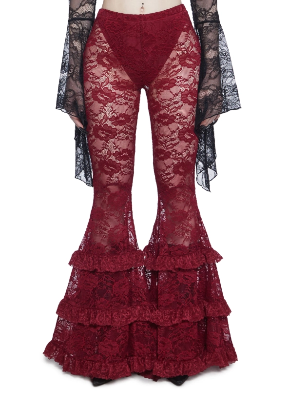 Widow Vampire Goth Stretchy Lace Ruffled Flare Pants - Dark Red