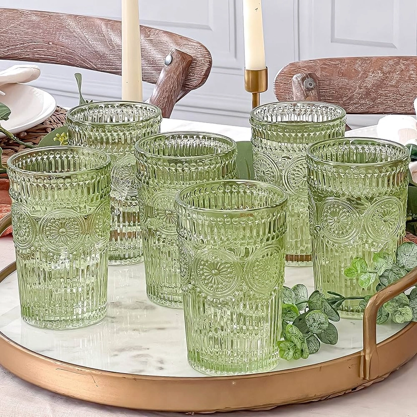 Vintage Textured Sage Green Striped Drinking Glasses Set of 6, Ribbed Flower Design, 13 oz Cocktail Water Tumblers Glassware Set