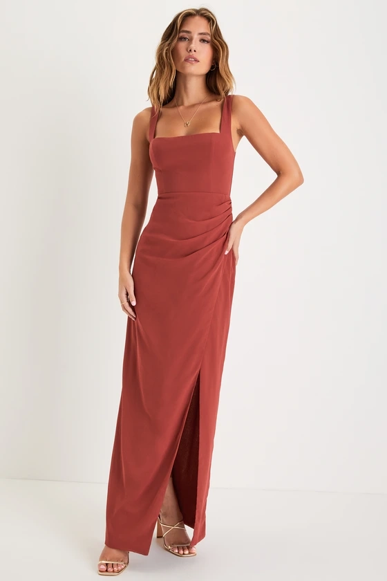Glamorous Disposition Rust Ruched Maxi Dress
