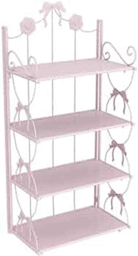 BOOMALTU Cute 4-Tier Folding Metal Shelving Bathroom Shelf,Pink Shelves Pink Bookshelf with Bow and Flowers Decor for Storage and Display in Living Room, Bathroom, Office, Kitchen