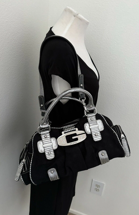 GUESS BY MARCIANO BLACK CANVAS AND LEATHER SHOULDER BAG