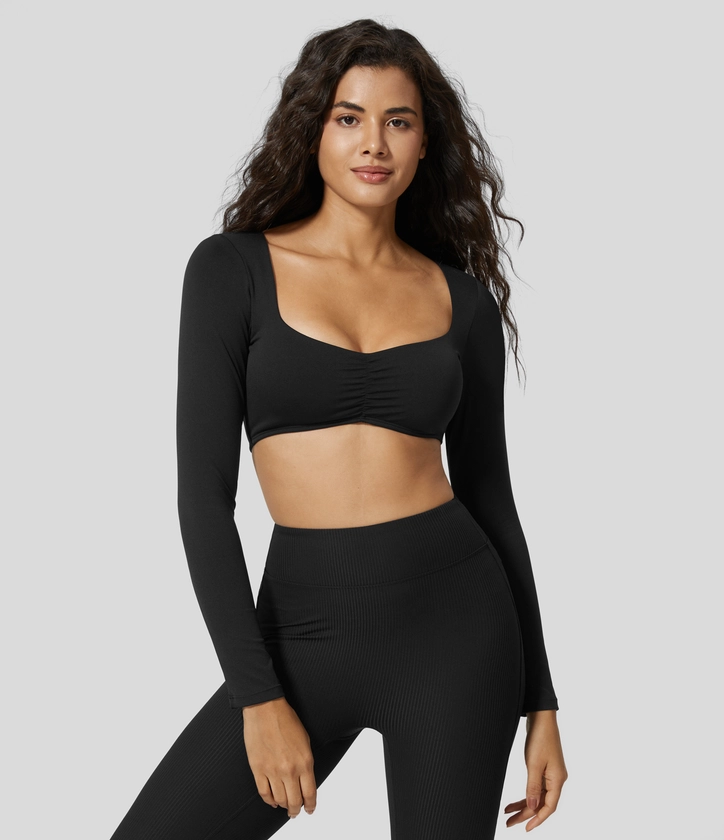 Women’s Square Neck Ruched Long Sleeve Cropped Yoga Sports Top - Halara 