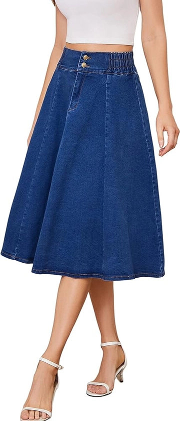 Tanming Long Denim Skirt for Women Casual High Elastic Waist Flared Blue Jean Midi Skirt