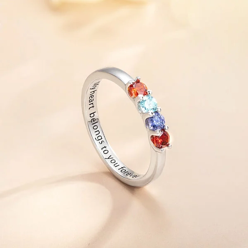 Personalised Sterling Silver Elegant 1-8 Birthstones Ring with Engraved Text Birthday Mother's Day Gift for Mom Grandma - CALLIE