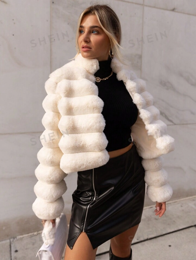 SHEIN Privé Going Out Solid Open Front Crop Fuzzy Coat