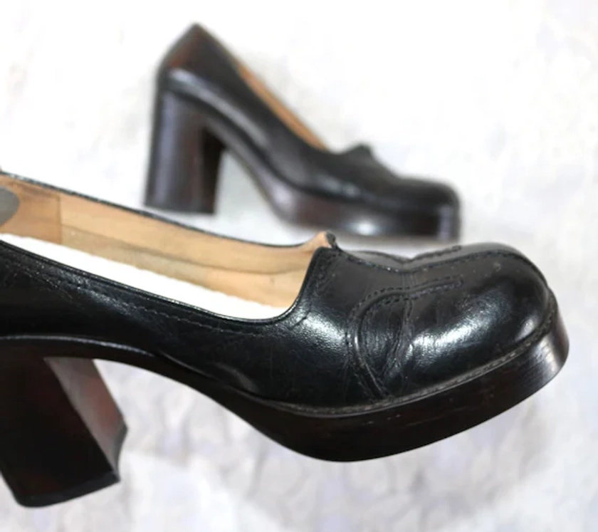 70s hippie shoes platform leather EU/DE size. 39 40 chunky pumps block heel decorative stitching boho