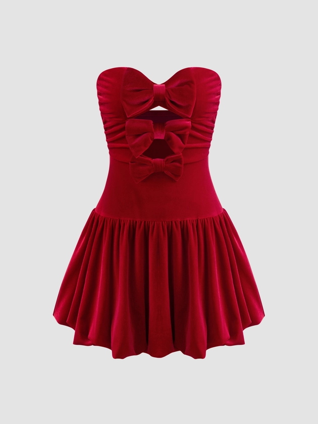 Velvet Velvet Tube Solid Bowknot Bubble Hem Mini Dress For Party/Clubbing