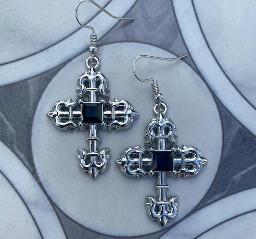 Cross Earrings Goth Cross Earrings Black Silver Earrings Goth Jewelry