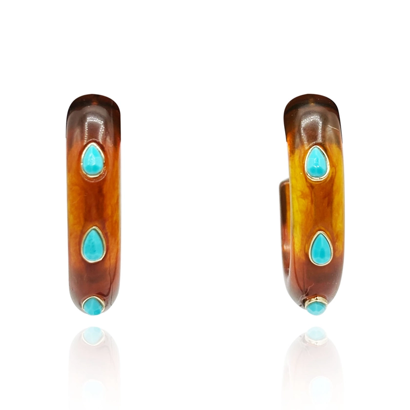 Tortoise Resin Hoop Earrings With Faceted Turquoise Glass Pear Stones by Michael Nash Jewelry