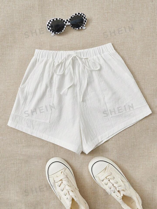 SHEIN EZwear Summer Loose And Casual White Tie Waist Slant Pocket Cotton And Linen Shorts | SHEIN UK
