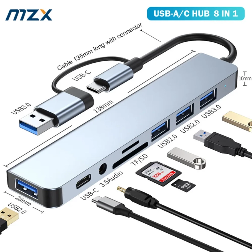 MZX-Concentrateur de concentrateur USB de type C 8 en 1, station d'accueil, multi-adaptateur, lecteur de carte SD TF, répartiteur audio multi-hub S6