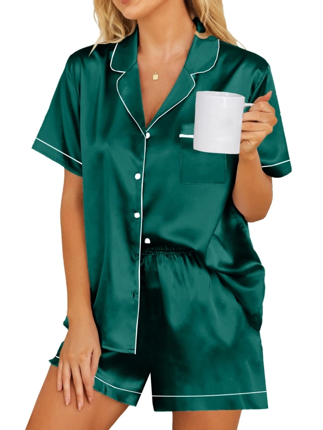 DAKIMOE Womens Silky Satin Pajama Set Short Sleeve Shirt with Shorts 2 Piece Pjs Sets Soft Silk Sleepwear Nightwear Button-Down Loungewear S-XL, Dark Green, L